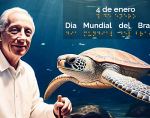 Imagen creada con IA, de Louis Braille junto a una tortuga marina, sentado en el fondo del océano. Con el texto 4 de enero Dia Mundial del Braille, en la esquina superior derecha.