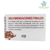Imagen de una página del libro Desamores Profundos, que presenta la inscripción en letras mayúsculas rojas: 'RECOMENDACIONES FINALES'. A continuación, aparece el siguiente texto en color negro y en formato Braille: 'Si ha llegado hasta aquí, y siente que ha pasado por una, algunas o todas estas circunstancias, tome aire, respire profundo y permita que fluyan esos pensamientos. Tal vez después de un tiempo, este compilado de palabras le ayuden a nadar en la tormenta'. La página tiene en la esquina inferior izquierda la ilustración en color rojo de unos tentáculos de un pulpo, mientras que en el centro de la parte inferior se encuentra un pequeño submarino.